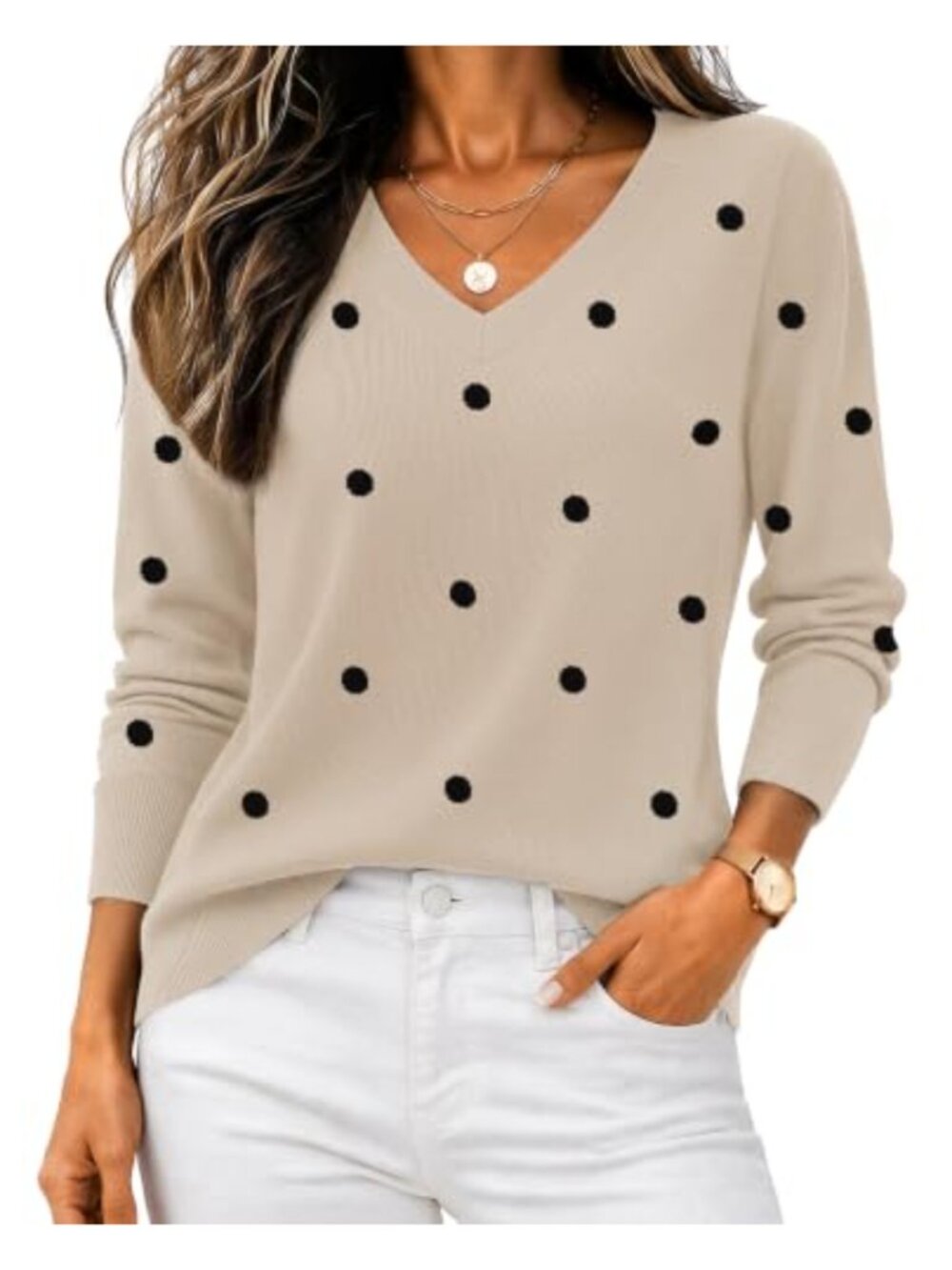Women's V Neck Long Sleeve Ribbed Knit Sweater Pullover Top